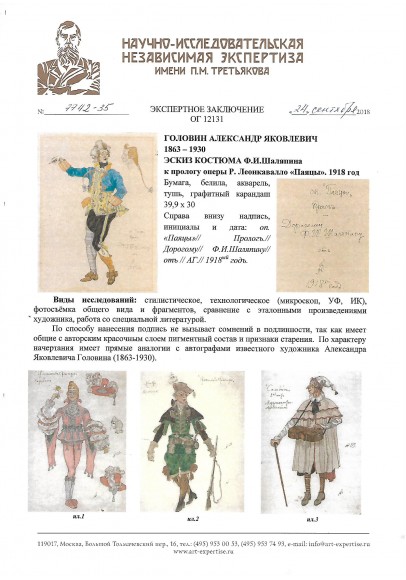 Головин Александр Яковлевич (1863-1930). Эскиз костюма Ф.И. Шаляпина к прологу оперы Р. Леонкавалло "Паяцы". 