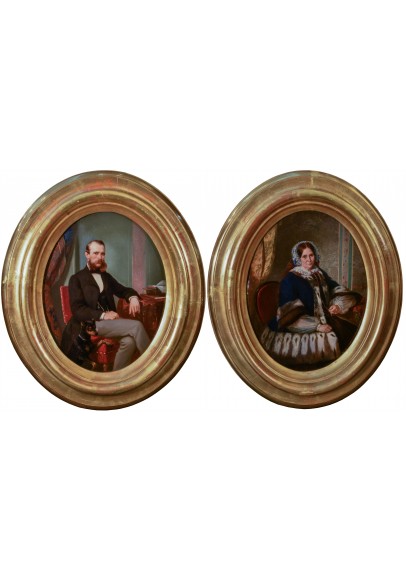 Карелин Андрей Осипович (1837-1906). Парные портреты «Портрет мужчины с собачкой», «Портрет дамы в салоне».